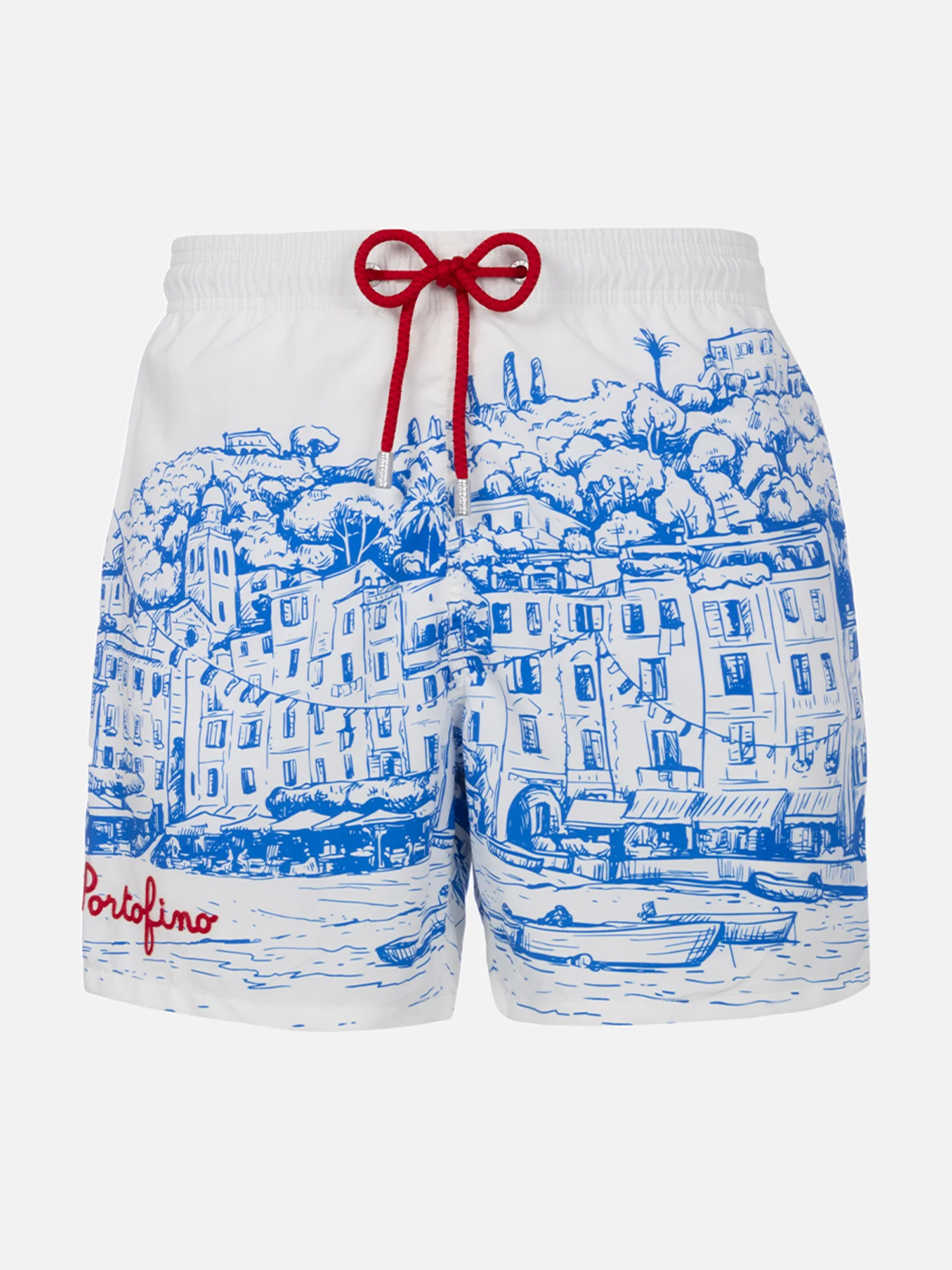 Heren Gustavia Mid-Length Zwembroek | Portofino Piazzetta Print | Elastische tailleband | Verstelbaar trekkoord | MC2 Saint Barth