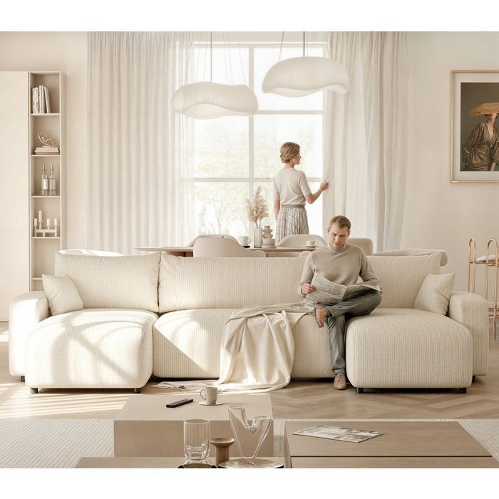 PIANO U Panoramic Corner Sofa - 7 Seater - Convertible Sofa with Storage - Cream Woven Fabric