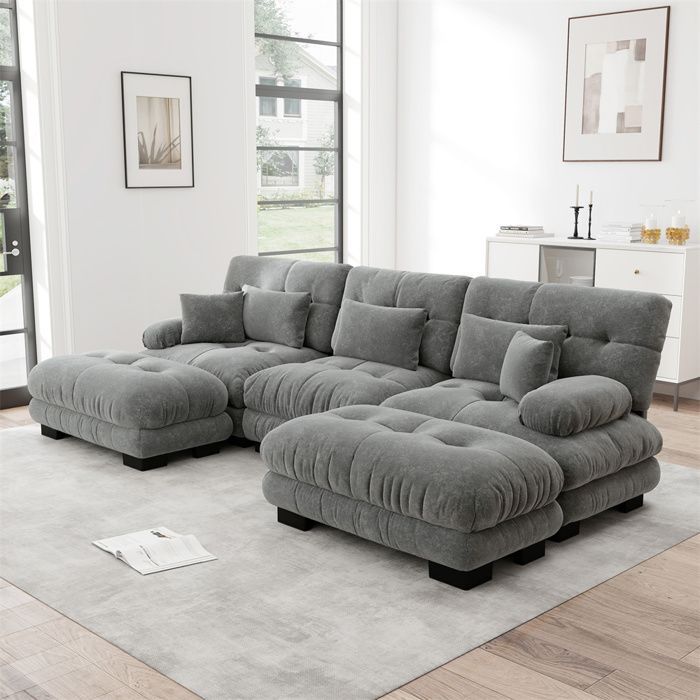 DRIPEX Cloud 4/5-Sitzer U-förmiges Sofa für das Wohnzimmer, skandinavisches Chenille-Sofa mit Kissen und Hocker, 313 × 145 × 81 cm, Grau
