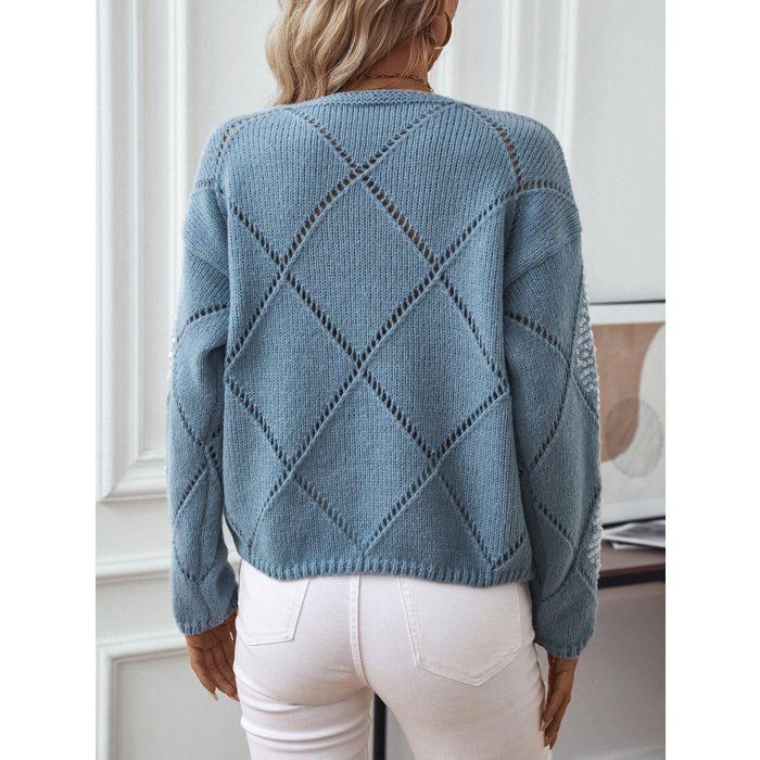 Jersey de cuello redondo para mujer, colección otoño-invierno 2025, diseño calado con lentejuelas, elegante punto de rombos - Azul