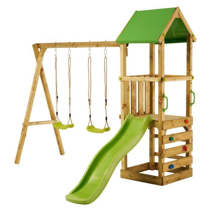 KANGUI WALLI 90 Zona de juegos infantil de madera: tobogán, columpios, estructura para trepar y casita de juegos.