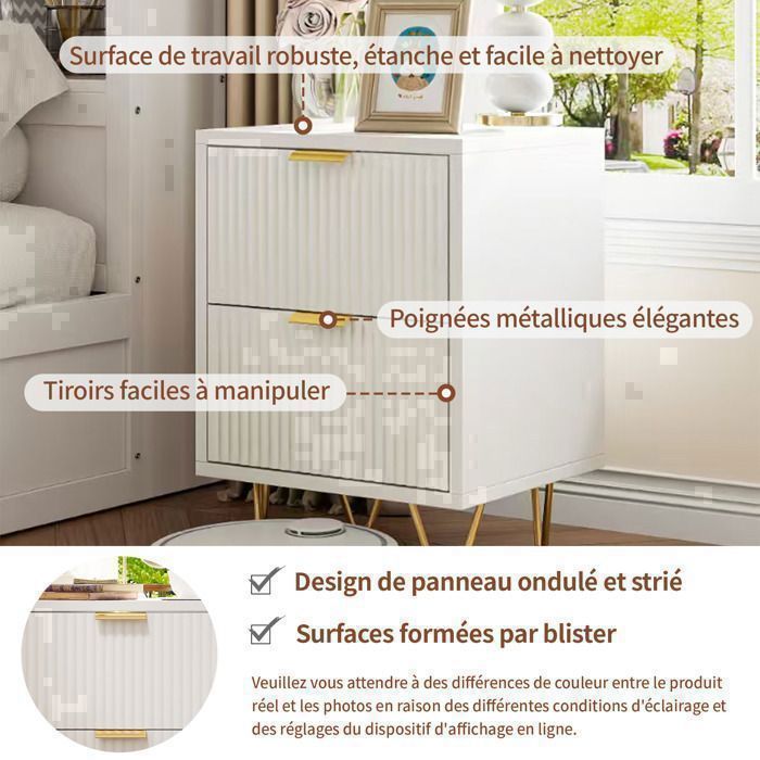 Lot de 2 Tables de Chevet, Tables d'appoint avec 2 tiroirs, Moderne Blanc Table de Nuit avec Pieds dorés, Blanc