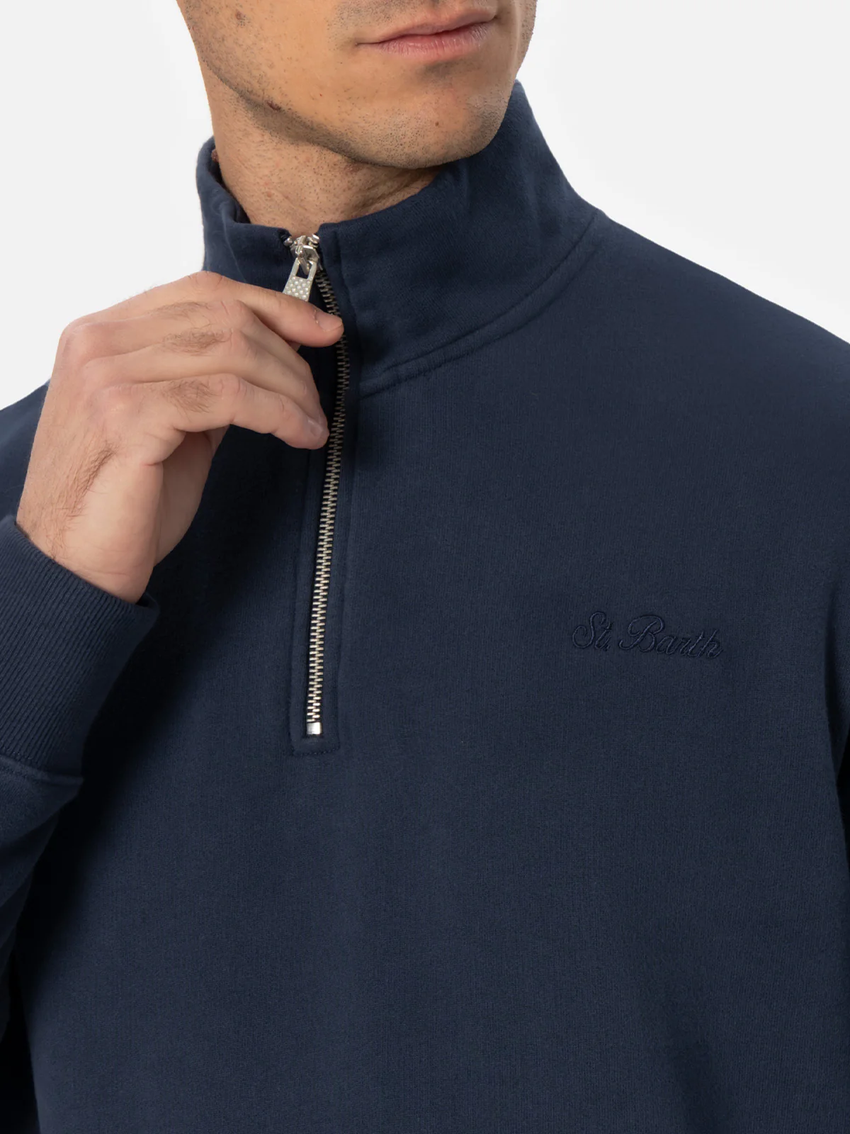 Dunkan Herren-Sweatshirt mit halbem Reißverschluss in Marineblau und St. Barth-Stickerei