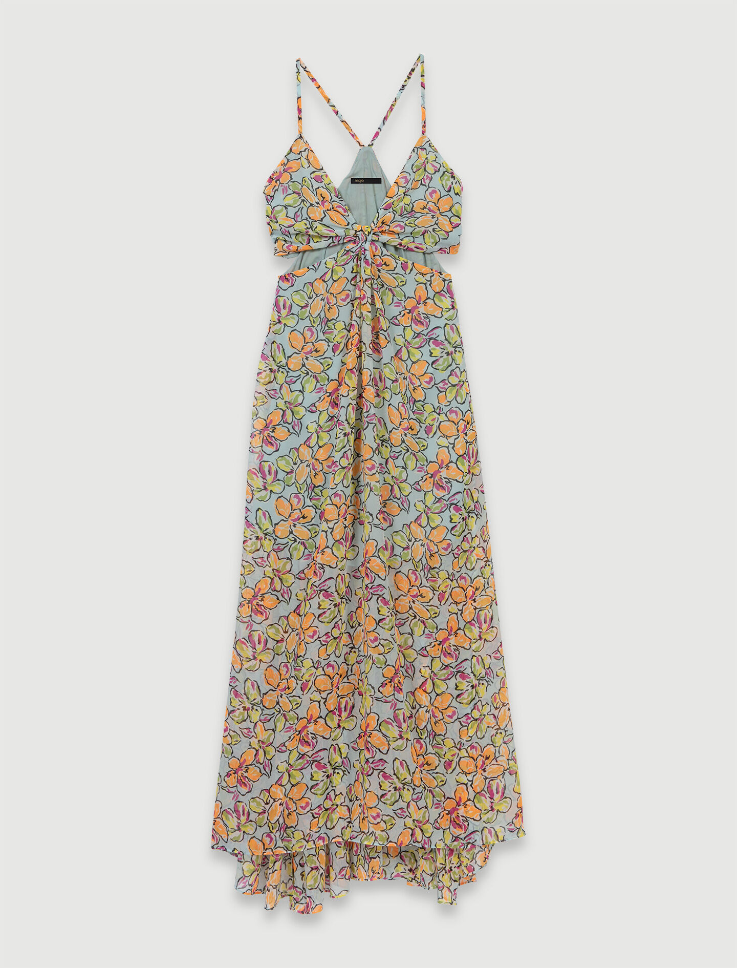 Rochie lungă cu imprimeu floral și crăpături - Hibiscus portocaliu / albastru