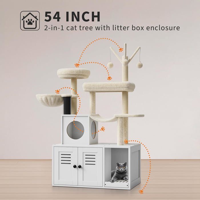 Árbol para gatos con arenero, unidad de baño de madera para gatos con torre, poste rascador, percha y plataformas - Blanco