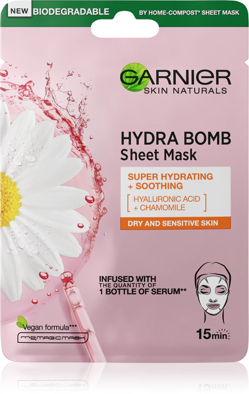 Máscara facial em tecido Hydra Bomb da Garnier, intensamente hidratante e suavizante para pele seca e sensível.