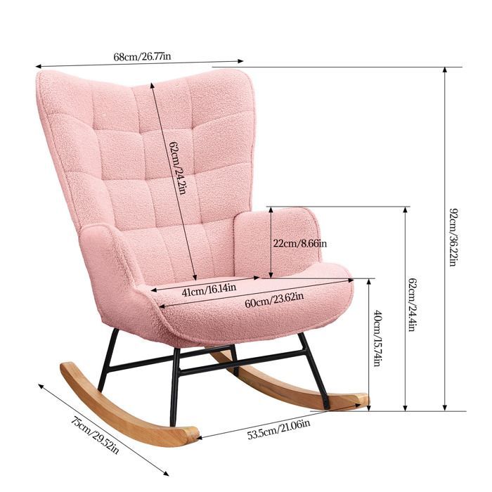 Sedia a dondolo imbottita, sedia a dondolo per allattamento, tessuto in velluto effetto orsetto, supporta fino a 120 kg, stile elegante, rosa