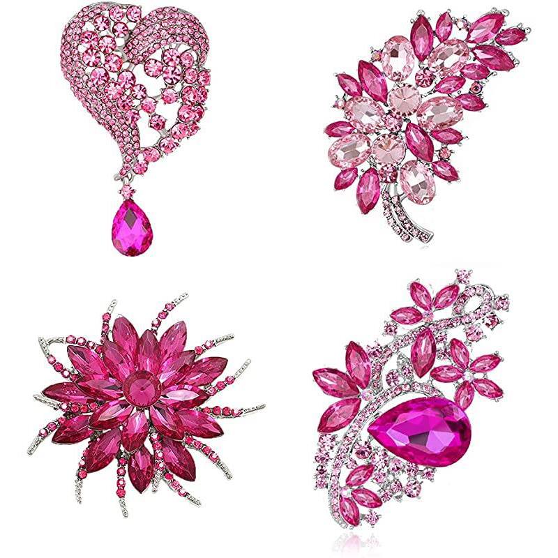 Rhinestone Brooch Pins Pink Flower Pins for Ladies