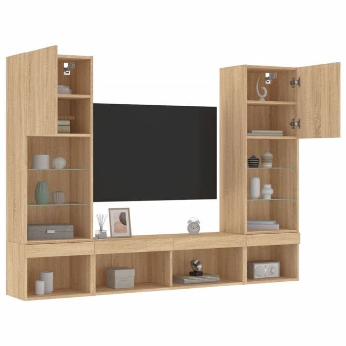 Mobile TV a parete vidaXL con LED, 5 pezzi, finitura rovere Sonoma, in legno ingegnerizzato, codice 3216692