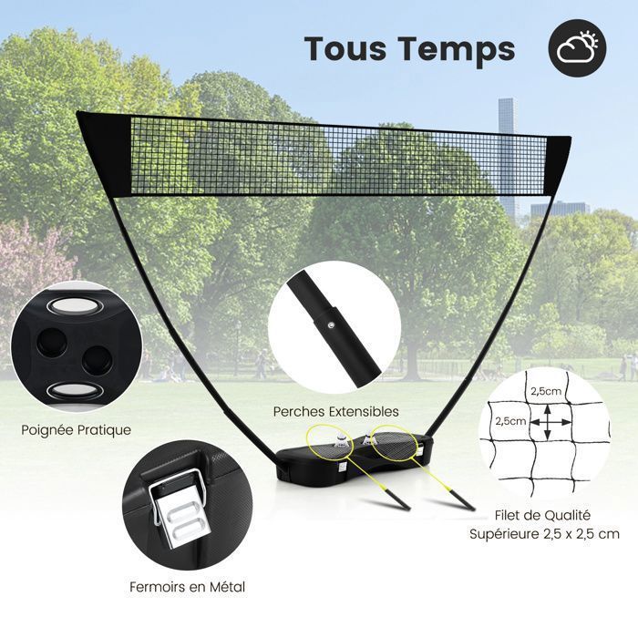 Juego de red portátil de bádminton COSTWAY - 2 raquetas, 2 volantes - 270 x 33,5 x 160 cm - Estuche de almacenamiento - Tubos metálicos - Negro