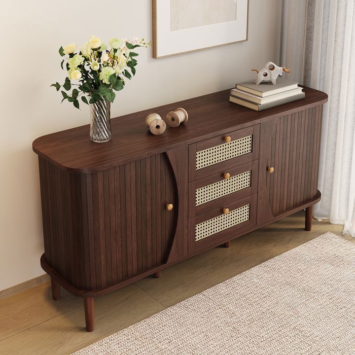 Buffet en Noyer 140 cm Commode en Rotin avec 3 Tiroirs de Rangement, 2 Portes et Étagères Réglables - pour Salon et Salle à Manger