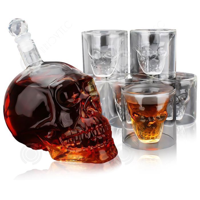 Decantador INN Skull de 700 ml y 6 vasos de whisky de 75 ml. Decantador de whisky y copa de vino para el Día de San Valentín y regalos para fiestas.