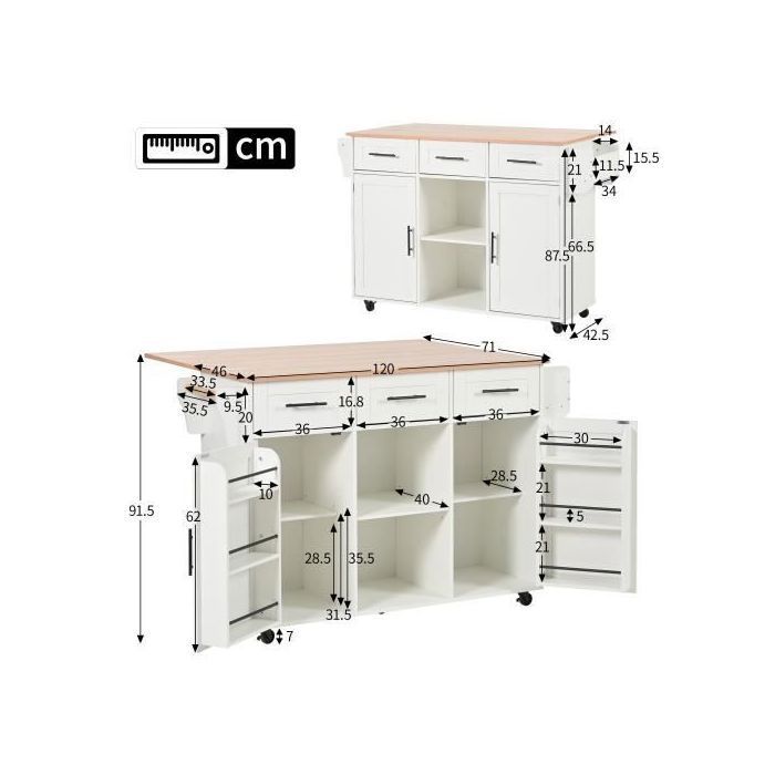Multifunctional wooden kitchen trolley with worktop and drawer - W139 x D46(71) x H91.5 cm - White
