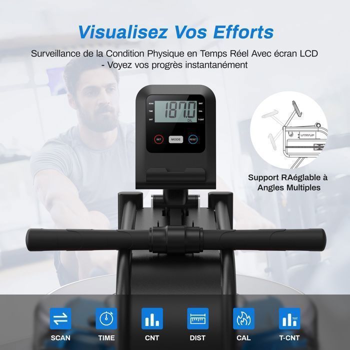 Rameur à eau – MERACH - 15 L - 6 repères de remplissage - Bluetooth - Connectivité Zwift & Kinomap - Support de tablette - Noir