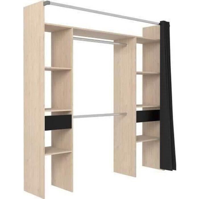 ARTIC double wardrobe - W198 x D48 x H203 cm - Oak finish + black curtain - Made in France