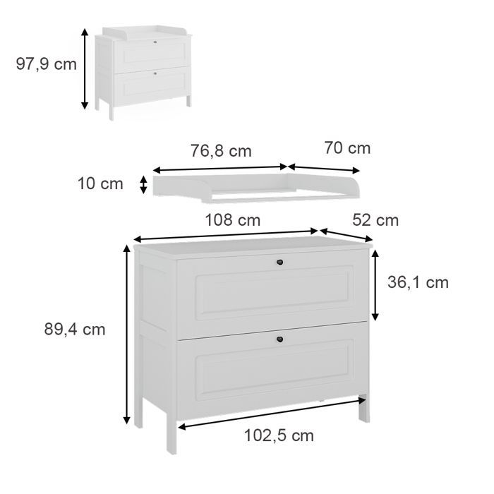 Ajaton Changing Table 108x98cm with 2 Drawers, White, Vitalispa 50177