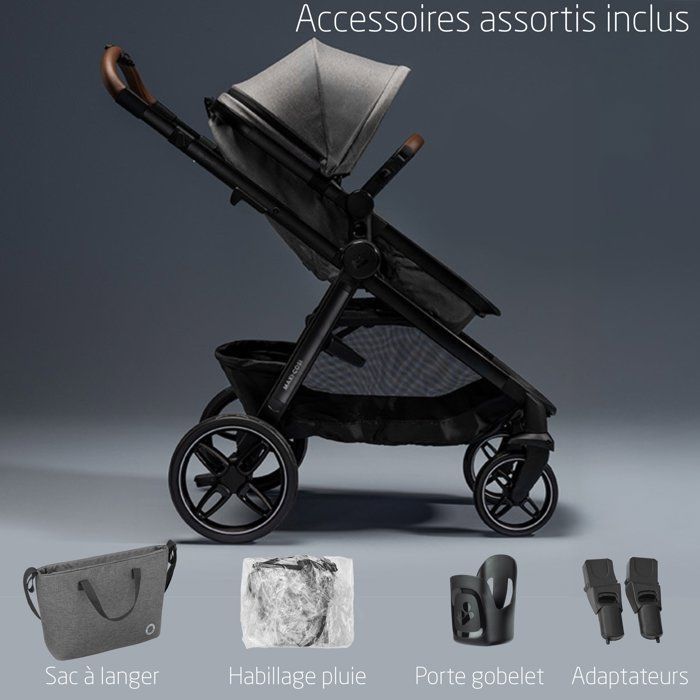 MAXI-COSI Poussette 3 en 1 Zelia S Trio2, Nacelle+Siège auto Cabriofix S iSize+Sac à langer+habillage pluie, 0-22Kg, Dark grey