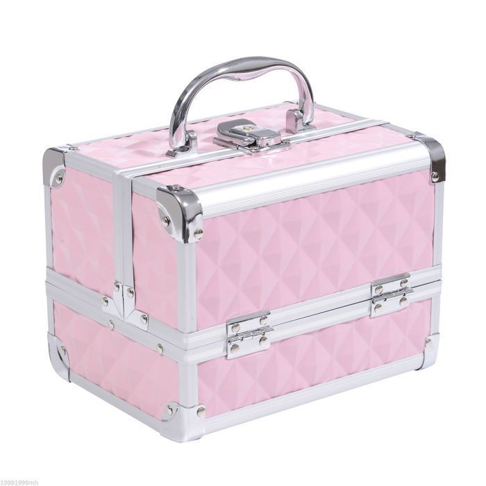 Estuche de maquillaje - HOMCOM - productos de belleza, 3 niveles, espejo, cerradura, 2 llaves - aluminio - 20x15x15cm - rosa