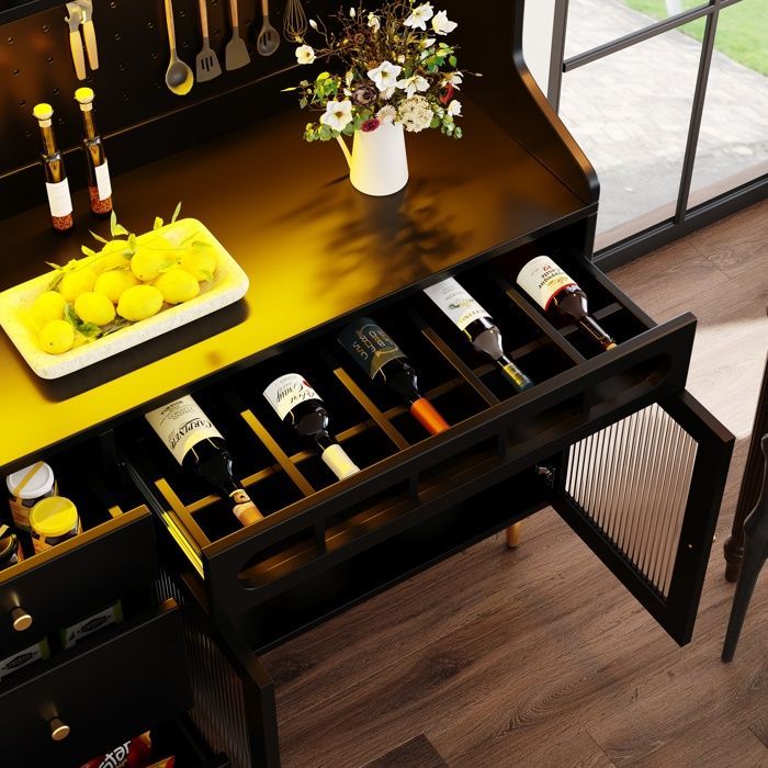 Buffet moderne, meuble de cuisine avec étagères réglables, armoire haute de salon, équipée d'un éclairage LED, 145×39×171 cm, noir.
