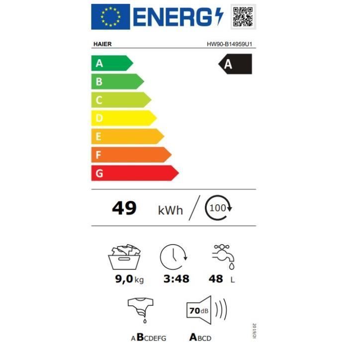 Máquina de lavar roupa HAIER HW90-B14959U1-FR de 9 kg com carregamento frontal - Motor de indução - Ultrassilenciosa