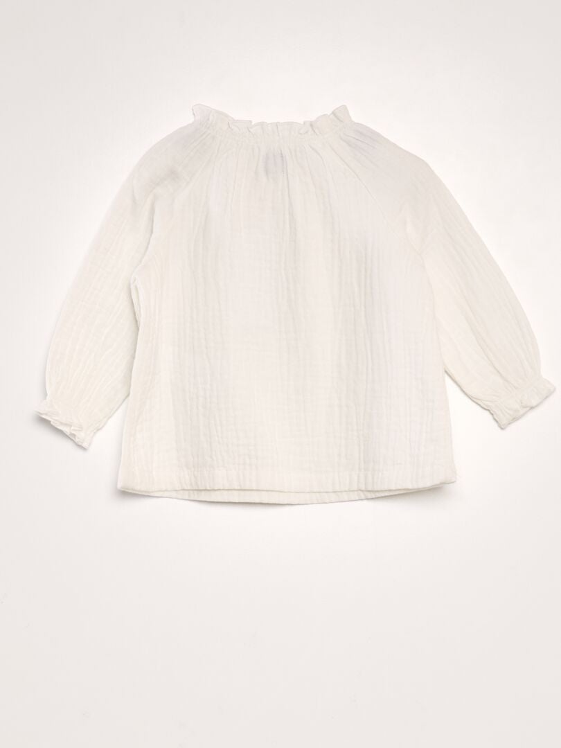 Blouse met lange mouwen en rucheskraag - WIT