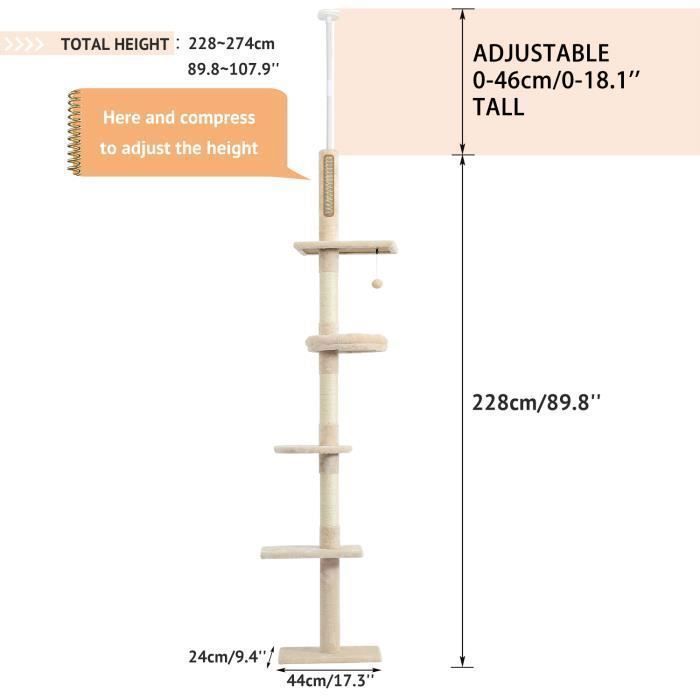 PAWZ Road Arbre à Chat au Plafond, Griffoir Sisal, Hauteur Réglable 238-275cm Beige