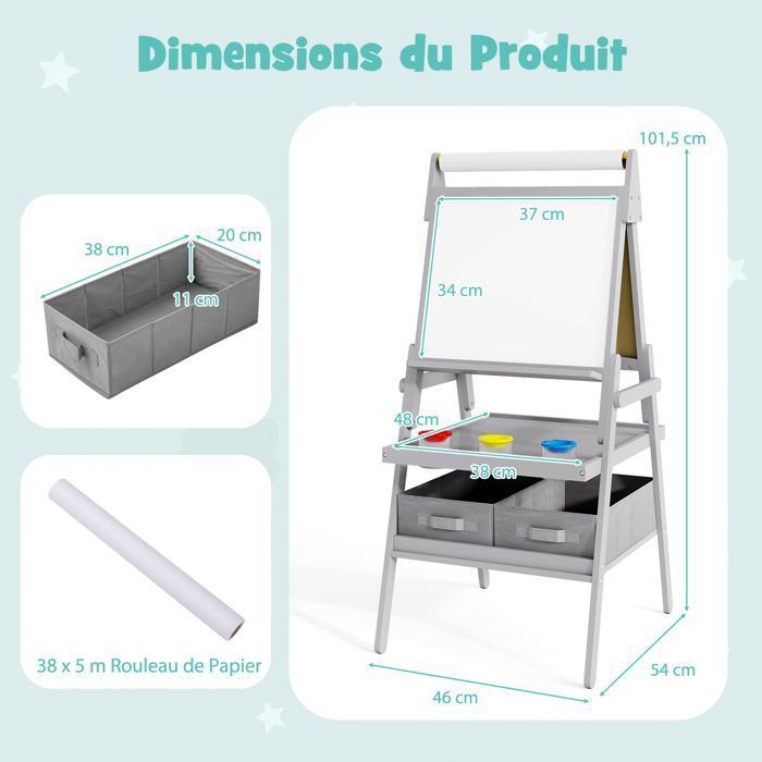 Tableau Enfant 3 en 1 - DREAMADE - Chevalet Enfant Double Face - Rouleau de Papier - 3 Pots de Peinture - 2 Boîtes en Tissu - Gris