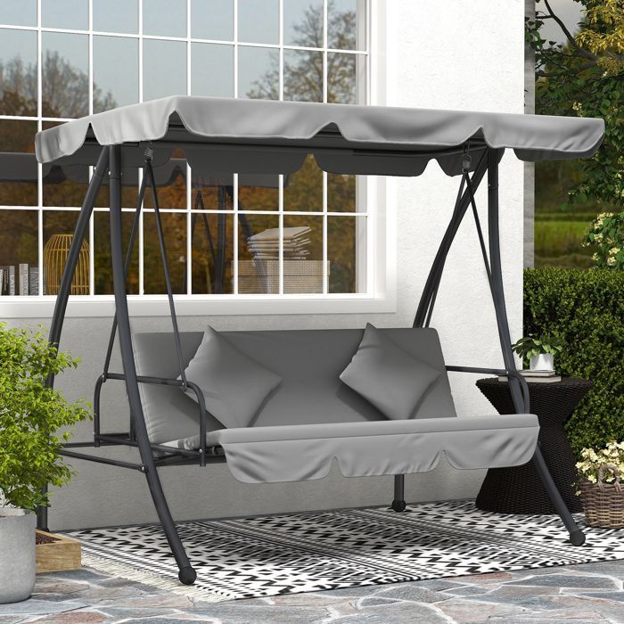 Sedia a dondolo da giardino - Convertibile a 3 posti - Tettuccio inclinabile e regolabile - Materasso - 2 x 1,25 x 1,7 m - Struttura in metallo e poliestere - Grigio chiaro