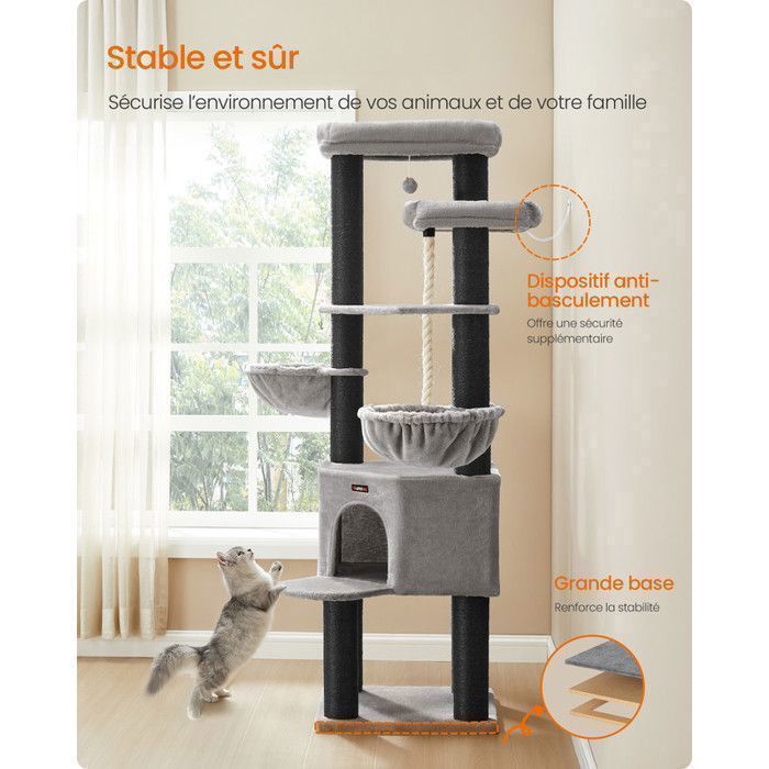 Arbre à Chat Feandrea - Hauteur de 186,7 cm, 5 niveaux et 1 plateforme - Gris et Noir