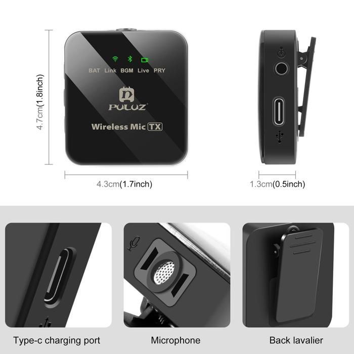Micrófono de solapa inalámbrico con 2 transmisores y 1 receptor, Bluetooth 2.4G, negro.