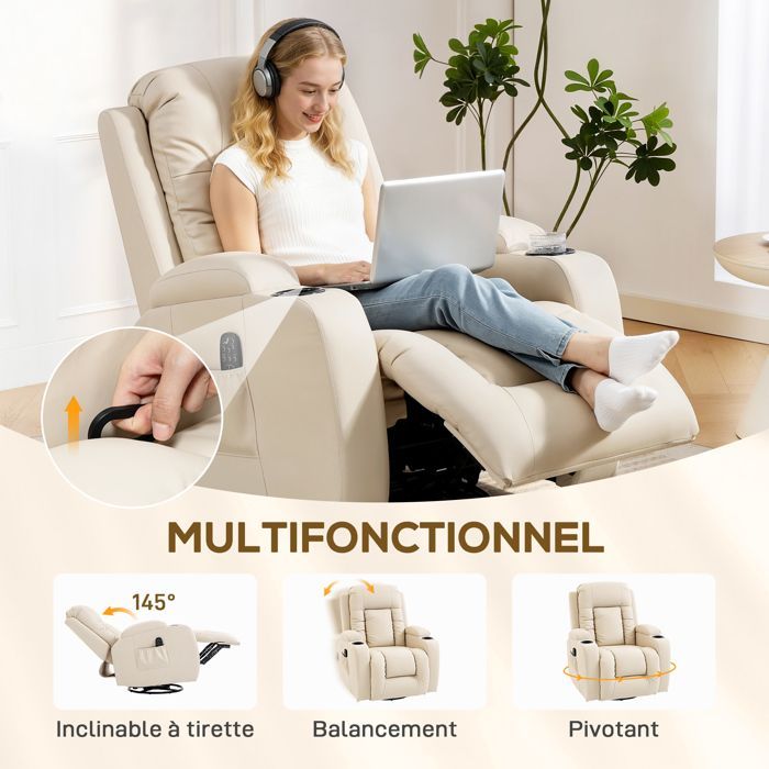 Fauteuil inclinable - HOMCOM - massage et chauffage - dossier réglable, pivotant 360°, repose-pied - PU - 82x99x103cm - crème