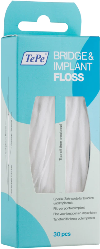 TePe Bridge & Implant Floss: fio dental especial para limpeza de implantes.