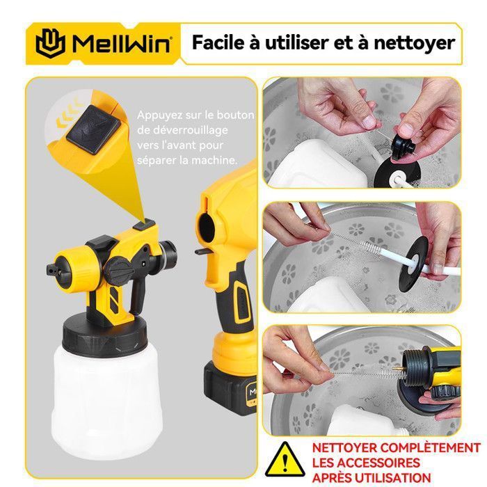 MELLWIN  Pistolet à peinture électrique sans fil 1200ML, 3 buses en cuivre, 2X 3000mAh Batteries