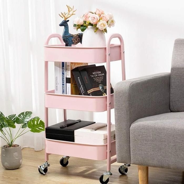 Carrito de cocina QUIIENCLEE con ruedas, giro de 360 grados, 3 niveles, carrito de almacenamiento, acero al carbono, rosa.
