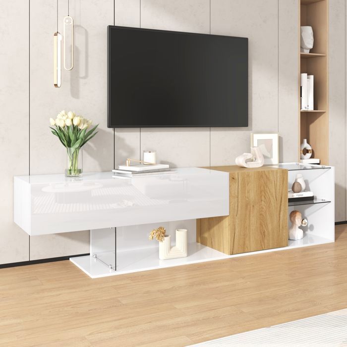 Mobile porta TV moderno - LEMONBEST - 180x38x48 cm - Bianco lucido - 2 ante - Ripiani in vetro temperato