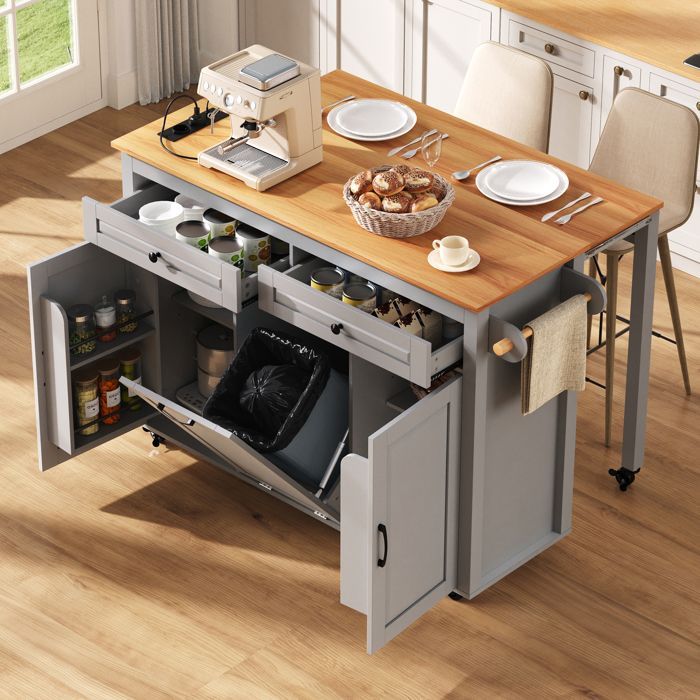 Isla de cocina móvil sobre ruedas: zona de comedor extensible, encimera, compartimento para cubos de basura (gris)