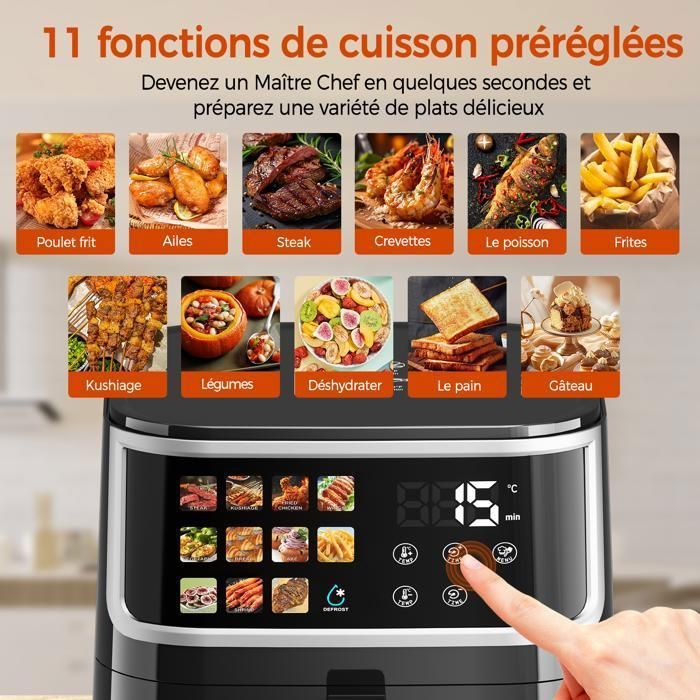 8,5-Liter-Heißluftfritteuse, 1700 W, mit Sichtfenster, LED-Touchscreen, 12 voreingestellten Programmen, 80–200 °C