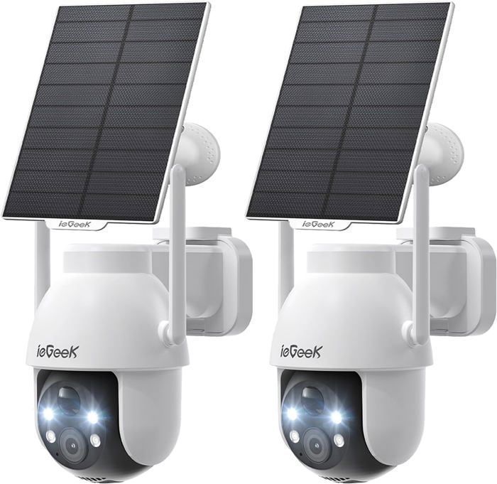 Juego de 2 cámaras de seguridad solares WiFi - Cámara inalámbrica exterior 2K con PTZ de 360°, visión nocturna a color, sensor PIR y audio bidireccional.