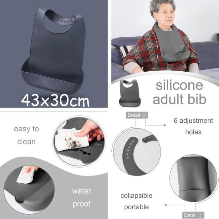 Babero para adultos, delantal impermeable, babero de silicona ajustable para comidas con bolsillo y recogedor de migas, para pacientes, ancianos y personas que comen
