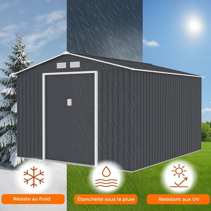 Metalen tuinschuur 8,84 m² - 277 x 319 x 202 cm - URANUS - Inclusief verankeringsset, 2 schuifdeuren - Grijs