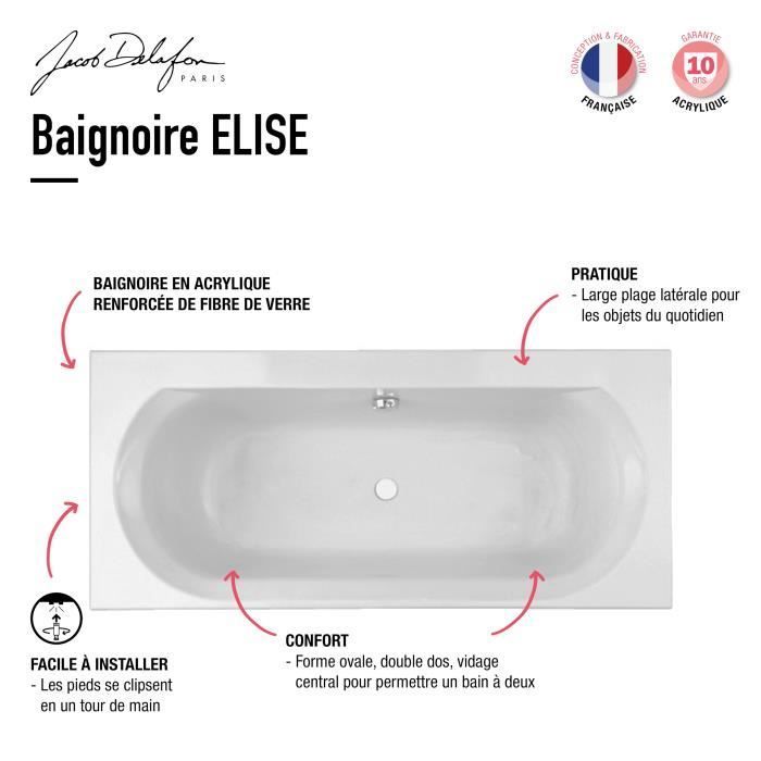 Bañera rectangular - JACOB DELAFON - Elise 180x80 cm - Acrílico - 10 años de garantía