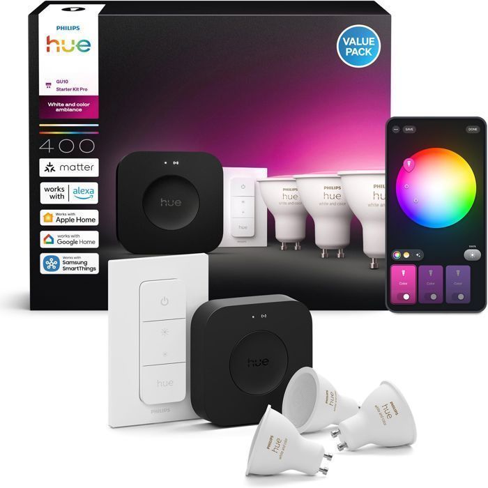 Starter Kit - PHILIPS HUE - White Light and Colored Ambiance - 1 Bridge Pro + 3 GU10 400 lumen spotlights + 1 dimmer switch