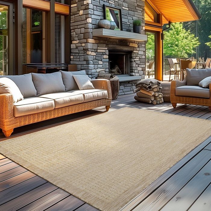 Tapis d'extérieur 200x290 cm Beige Tapis balcon cuisine et terrasse unicolore en tissage plat résistant aux intempéries
