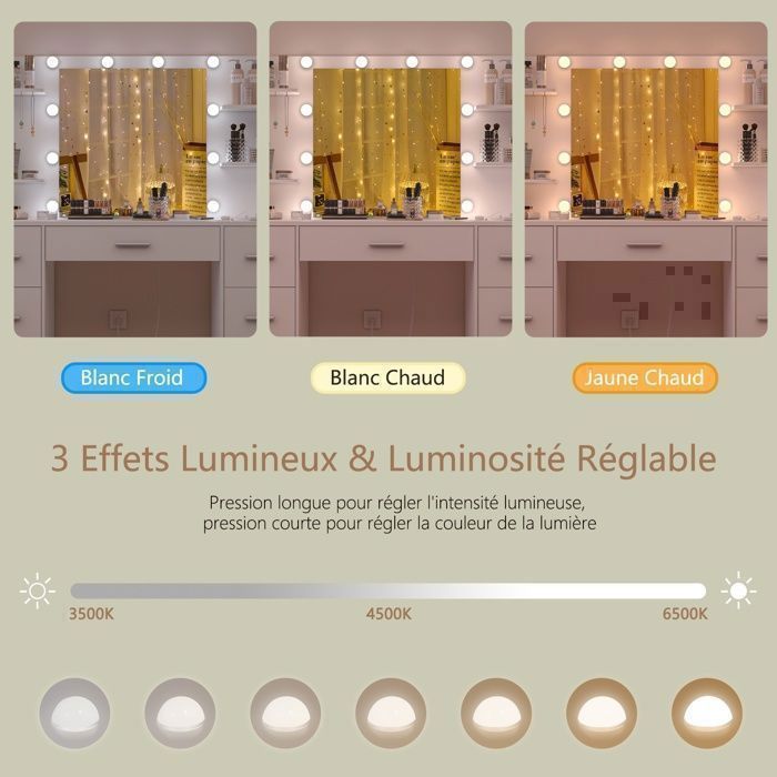 TEENFON Coiffeuse avec miroir et station de charge, 10 ampoules LED, Coiffeuse avec 7 tiroirs, 4 étagères, 107X40X140cm, blanc