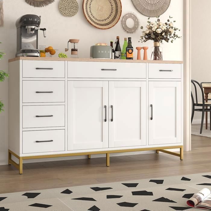 Buffet Cuisine Meuble de Rangement-140x40x80 CM-étagères réglables-Buffet Salon avec 4 Portes 6 Tiroirs-pour Salon,Salle à Manger
