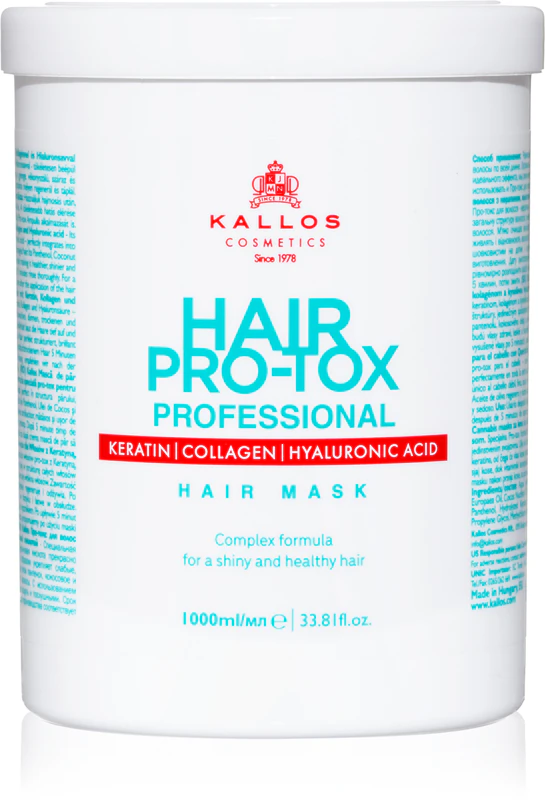Máscara Kallos Hair Pro-Tox para cabelos fracos e danificados com óleo de coco, ácido hialurônico e colágeno.