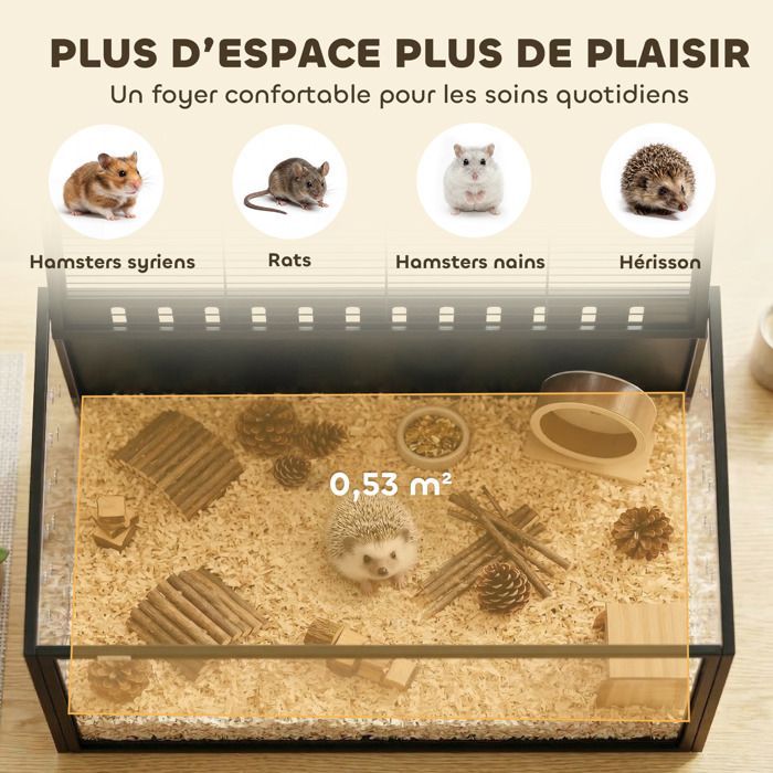 Cage à hamster - habitat pour rongeur - PawHut - acier et acrylique transparent vue panoramique et toit ouvrant - 105x51x53cm - noir