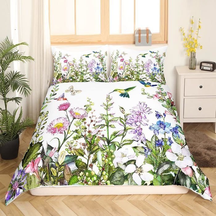 Juego de funda nórdica de colibríes, juego de ropa de cama de aves tropicales, 140x200cm, funda nórdica de flores y colibríes para niños