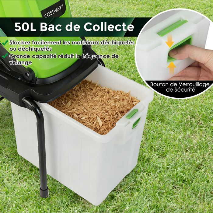 GOPLUS 2800W elektrische versnipperaar, hakselaar voor takken tot 45 mm dik, met opvangbak van 50 liter, 15:1 reductie, groen