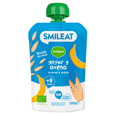 Smileat paciņas bioloģiskais jogurts un auzu dzēriens 9M augļu biezeņa paciņa 100g 100g